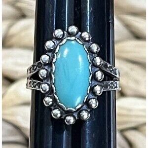 Navajo Sleeping Beauty Turquoise Sterling Silver Ring Sz 6.75 Beaded Stamped